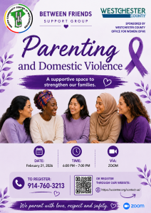 Poster for a 'Parenting and Domestic Violence' support event with five diverse women; shows date, time, Zoom, and a registration QR code.