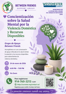 Poster promoting mental health awareness and domestic violence resources: 'Concientización sobre la Salud Mental por la Violencia Doméstica y Recursos Disponibles' with logos, purple profile silhouette with leafy brain, stacked stones and candle, plant decor; Zoom event details: 24 de enero de 2026, 6:00 PM – 7:00 PM; contact 914-760-3213, link to uc center, and QR code.
