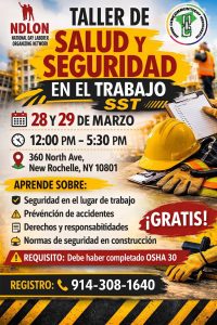 Event poster advertising a health and safety at work workshop (Taller de Salud y Seguridad en el Trabajo SST) with date, time, location and contact info.