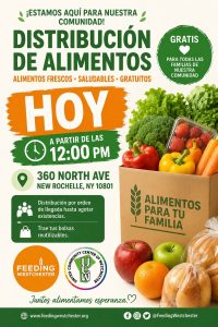 Evento de distribución de alimentos gratis: hoy a las 12:00 PM en 360 North Ave, New Rochelle, NY 10801, con verduras y frutas en una caja.