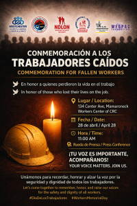 Memorial poster honoring fallen workers featuring a lit candle and a hard hat with bilingual Spanish–English text and logos at the top, inviting remembrance and safety.