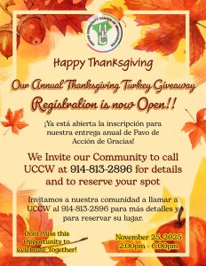 Autumn-themed Thanksgiving flyer announcing Our Annual Thanksgiving Turkey Giveaway and registration, bilingual Spanish/English text with fall leaves background.