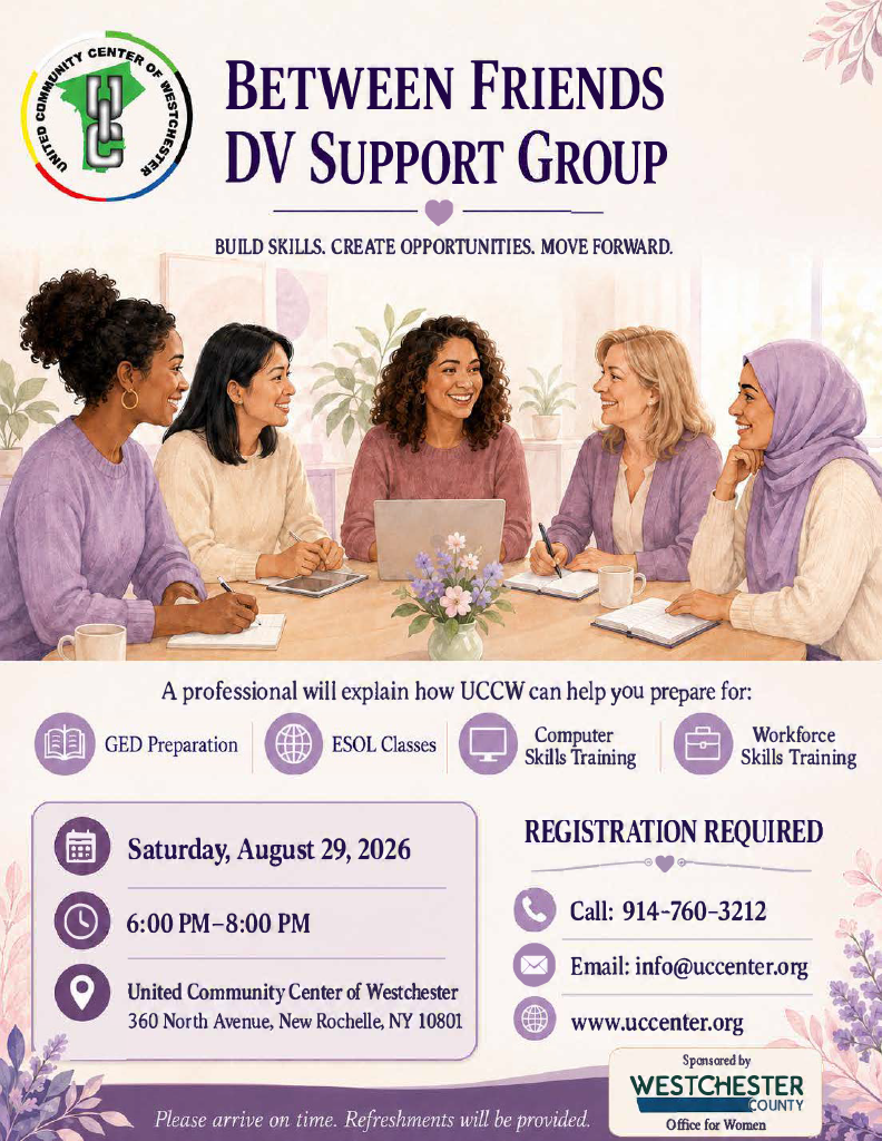 Poster for Between Friends DV Support Group showing five women around a table in discussion; includes event date, time, venue, and contact info.