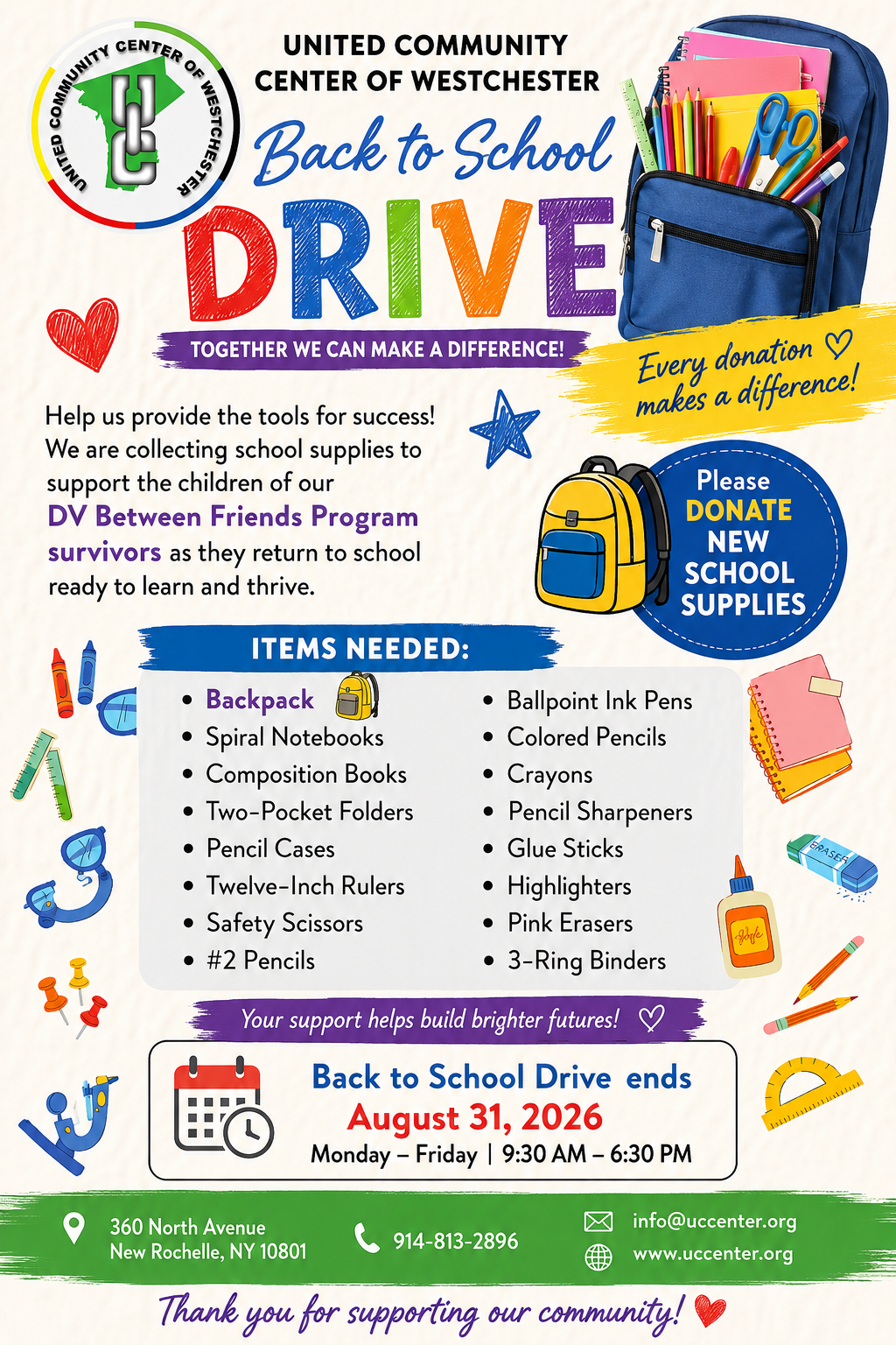 Colorful back-to-school drive poster listing needed supplies and donation details for the United Community Center of Westchester.