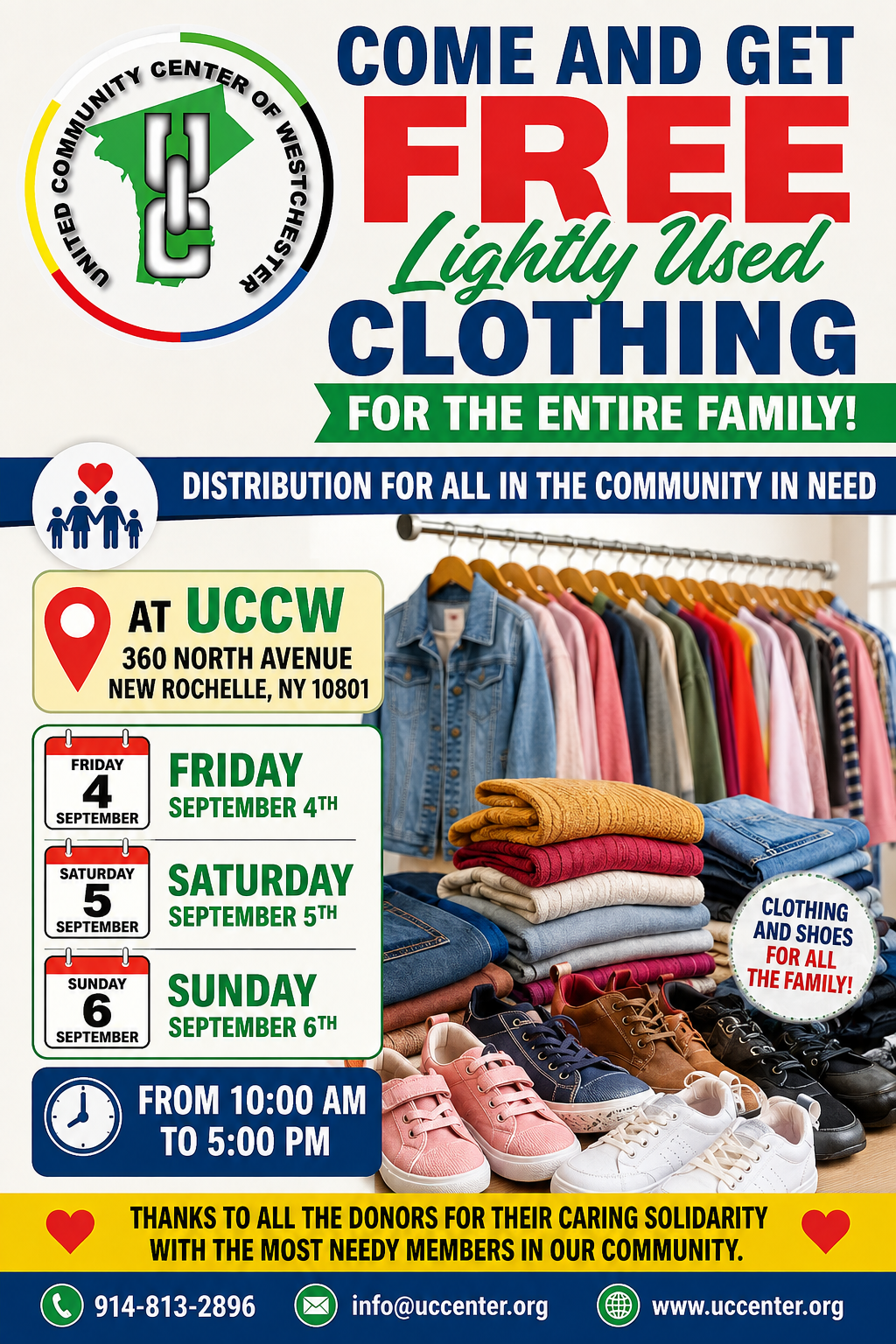 Poster announcing free, lightly used clothing for the entire family at UCCW in New Rochelle, NY, Sept 4–6, 10:00 AM–5:00 PM; shows clothing racks, folded clothes, and shoes.