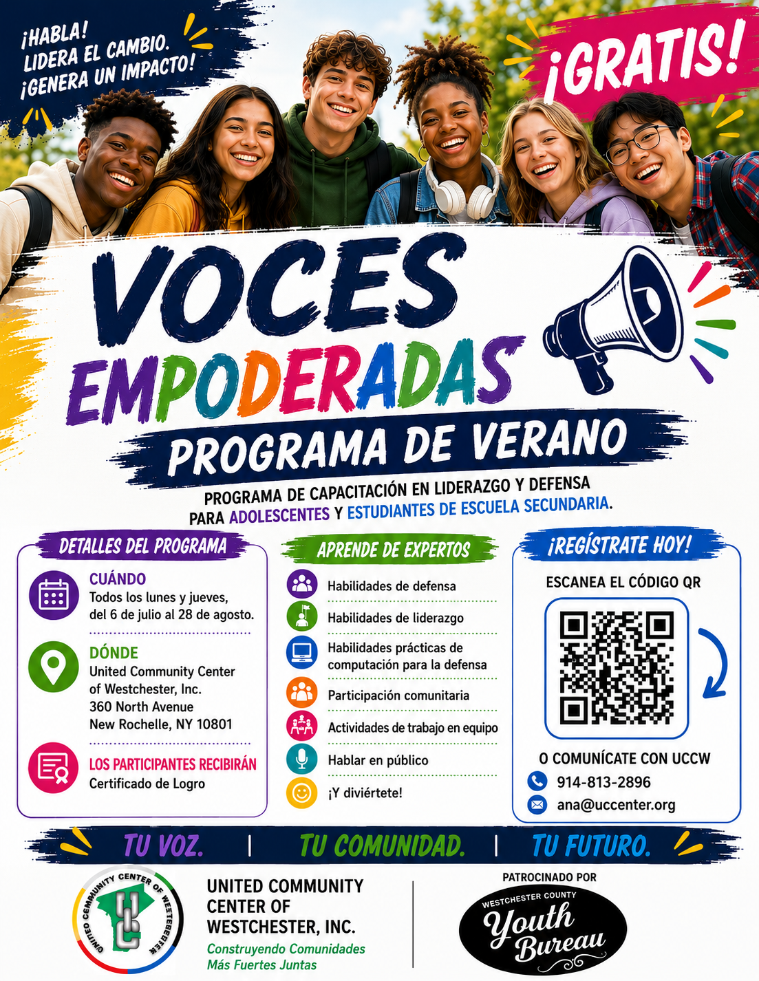 Colorful poster for Voces Empoderadas summer leadership program; diverse teens, program details, and a QR code.