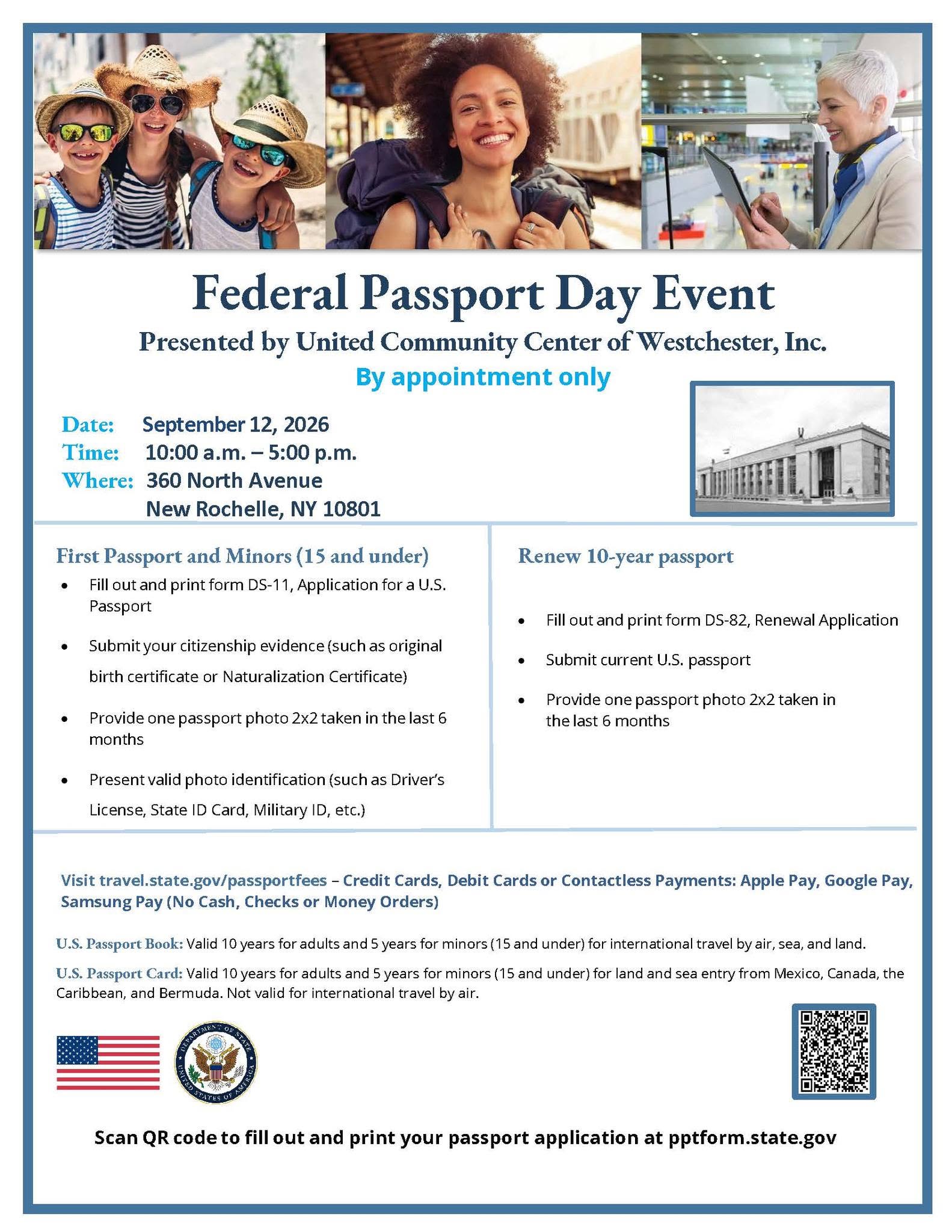 Poster announcing a Federal Passport Day Event with a travelers collage and event details below.”},